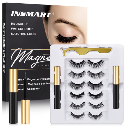 Professional title: "6 Pairs of Magnetic Eyelashes with Eyeliner Kit, Tweezers Included - Reusable and Glue-Free"